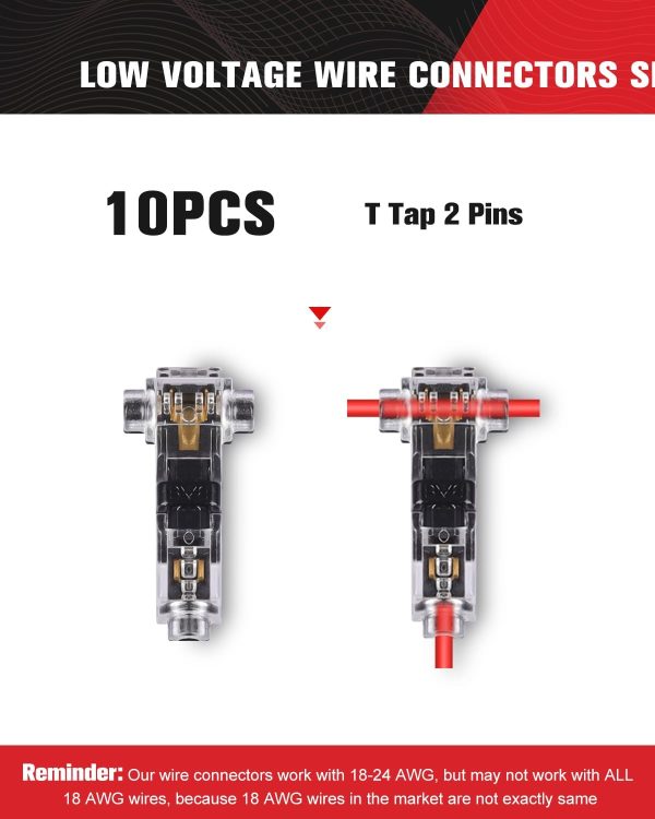 Kuject 10pc Low Voltage Wire Connectors, T Tap 3 Way 1 Pin Splice Wire Connectors, Quick Solderless Wire Connector for Automotive, Led Strip, Landscaping, 18-24AWG-1
