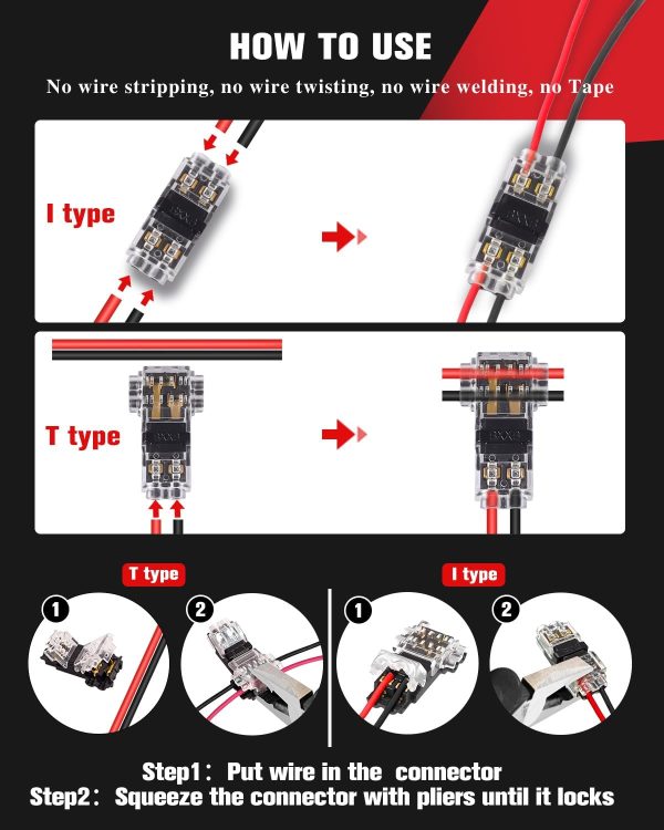 Kuject 10pc Low Voltage Wire Connectors, T Tap 3 Way 1 Pin Splice Wire Connectors, Quick Solderless Wire Connector for Automotive, Led Strip, Landscaping, 18-24AWG-4
